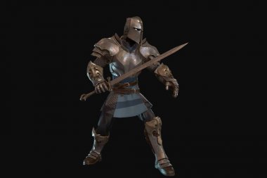Siyah arka planda kılıç 3D render ile fantezi karakter şövalye
