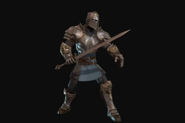 黒の背景に剣3Dレンダリングとファンタジーキャラクター騎士 — ストック写真
