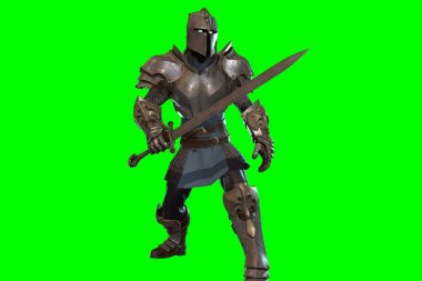 Fantasy character knight with sword in epic pose - 3D render on green background clipart
