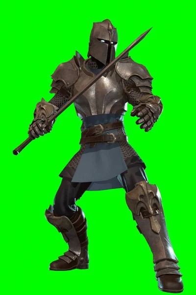 Fantasy character knight with sword in epic pose - 3D render on green background