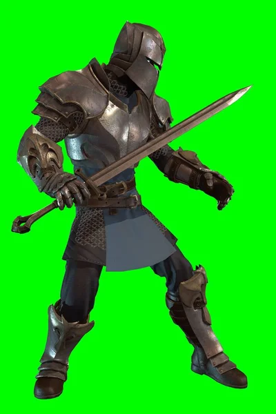 Fantasy Character Knight Sword Epic Pose Render Green Background — Stock Photo, Image