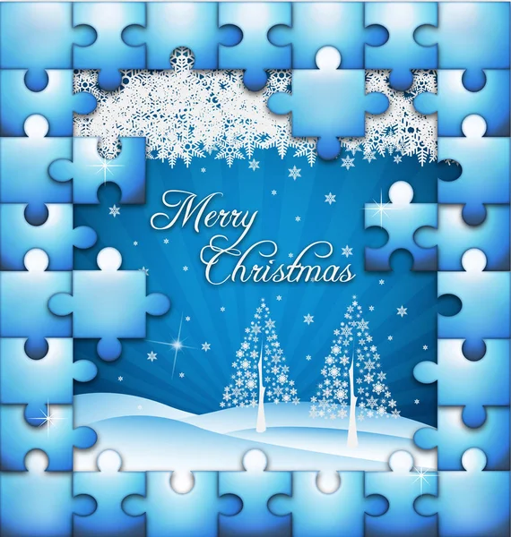 Illustration of Christmas holiday background with stylized Christmas trees and puzzle frame
