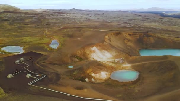 Pemandangan udara dari danau kecil vulkanik Krafla dengan air azure, Islandia — Stok Video