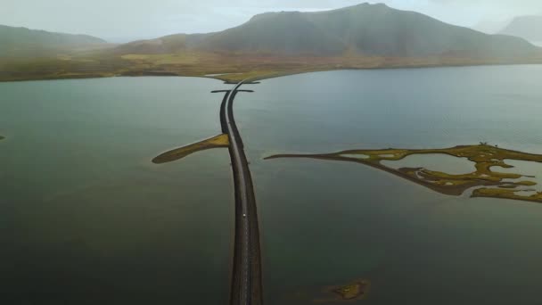 Aerial of road in iceland with bridge over the sea in Snaefellsnes peninsula — Stock Video