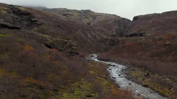 Letecký pohled na klikatou říčku mezi skalnatými horami, Island. — Stock video