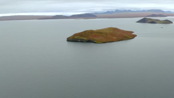 Widok z lotu ptaka na małą wyspę w figorze na Islandii. — Wideo stockowe