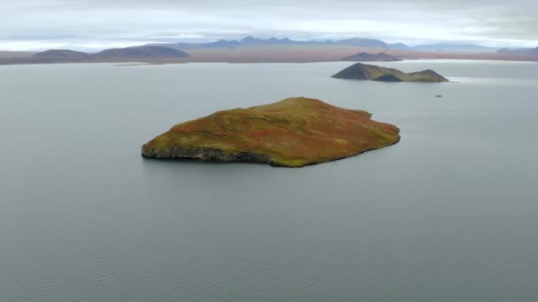 Vista aérea de uma pequena ilha em um fjor na Islândia . — Vídeo de Stock