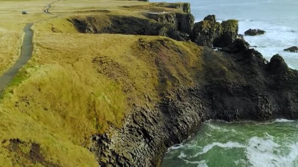 Aereo di scogliere e formazioni rocciose Reynisdrangar, ghiacciaio — Video Stock