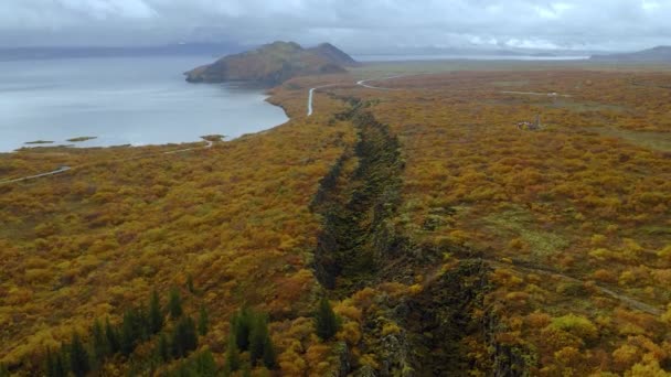Vue aérienne de la route islandaise à travers les fjords en automne avec des montagnes à couper le souffle et la mer
