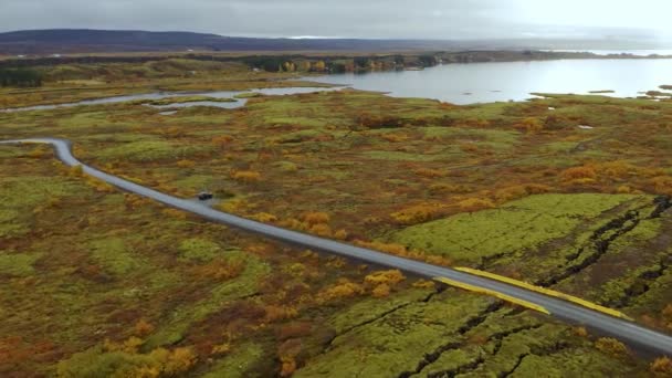 Aérien de la route à travers les champs de lave Eldhraun. Islande.