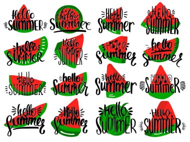 Merhaba yaz çizilmiş hend letteing. büyük set karpuz ile