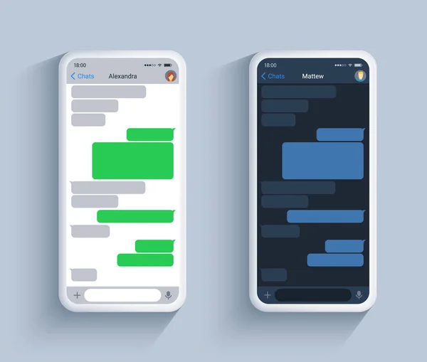 Chatta app mall i mörkt och ljust tema på vit telefon. Kort text tal bubbla koncept, vektor messanger i realistiska 3D-stil. — Stock vektor