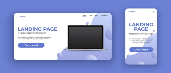 Mockup de laptop na landing page para computador e celular. Conceito de site para mostrar web design, apresentação no dispositivo laptop realista e smartphone . — Vetor de Stock