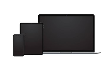 Aygıt ayarlı şablon, akıllı telefon modeli, modern çerçevesiz ekranlı tablet ve dizüstü bilgisayar. Uygulama ve web sitesi tasarımı için mobil şablon izole edildi.