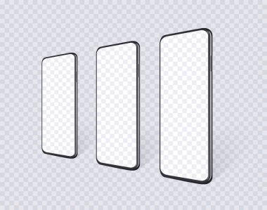 Satır başındaki gerçekçi akıllı telefonlar boş ekran ile perspektifte. Uygulama tasarımı ya da web sitesi sunumu için cep telefonu modelleme seti.