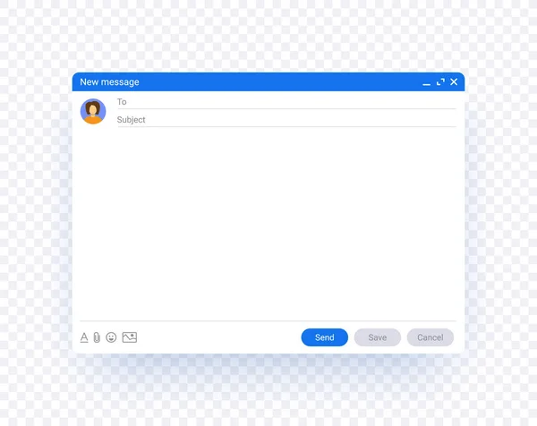 E- posta pencere şablonu, yeni ileti arayüzü modeli. Bilgisayar masaüstü posta ekranı izole edildi. İş veya kişisel iletişimin soyut sembolü.