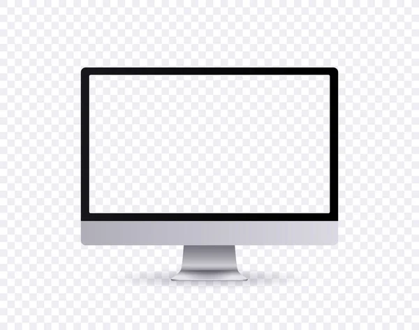 Pantalla realista de la computadora, maqueta gris delgada del monitor del marco 3d en estilo moderno con la pantalla transparente en la vista delantera aislada en fondo transparente . — Vector de stock