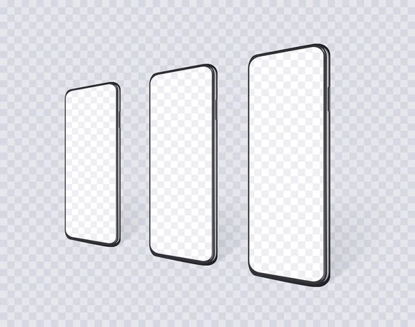 Satır başındaki gerçekçi akıllı telefonlar boş ekran ile perspektifte. Uygulama tasarımı ya da web sitesi sunumu için cep telefonu modelleme seti.