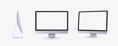 Kişisel bilgisayar modeli ön, yan ve açı görünümü. İş sunumu ya da web sitesi tasarım programı için gümüş modern daire monitörü. Boş ekran aygıtı şablonu, 3d vektör çizimi.