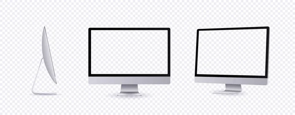 Mockup de computador pessoal na frente, lado e ângulo de visão. Monitor plano moderno de prata para apresentação de negócios ou show de design de site. Modelo de conjunto de dispositivo de tela vazia, ilustração vetorial 3d . —  Vetores de Stock