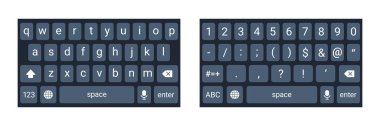 Cep telefonu klavye modeli, qwerty klavye alfabe tuşları ve düz stil numaraları, modern karanlık modda metin uygulaması için cep telefonu sekmesi konsepti. Aygıtlar için sosyal medya paneli.
