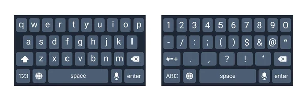 Móvil mockup teclado del teléfono, qwerty botones del alfabeto del teclado y los números en estilo plano, concepto de pestaña de teléfono móvil para la aplicación de texto en el modo moderno oscuro. Panel de redes sociales para dispositivos . — Vector de stock