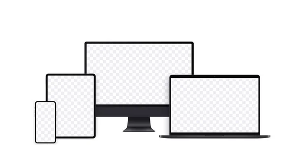 실제 컴퓨터 샘플은 데스크 탑, 노트북, 패드, 스마트폰으로 구성되어 있다. 투명 한 화면, 템플릿, 노트북 및 휴대 전화 디스플레이가 장착 된 블랙 전자 장치. — 스톡 벡터