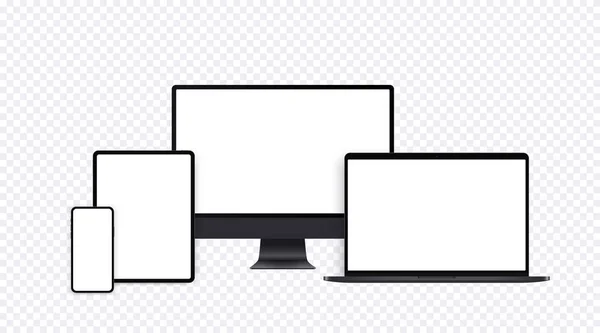 Realistic computer mockup set with desktop, laptop, tablet and smartphone. Black electronic device set with blank screens in front view, pc template, opened notebook, ipad and mobile phone display. — Stock Vector