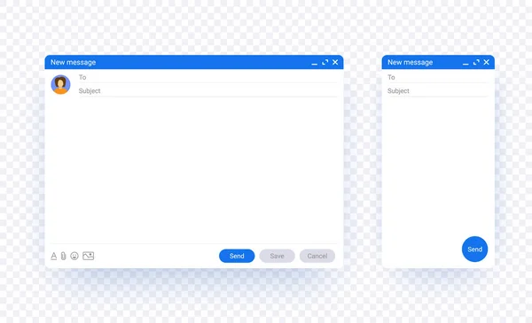 E- posta penceresi ağı ve mobil şablon gölgeli şeffaf arkaplanda izole edildi, yeni ileti arayüzü düzenleme seti. Bilgisayar masaüstü ve posta sayfasının telefon ekranı. İnternet web sayfası penceresi.