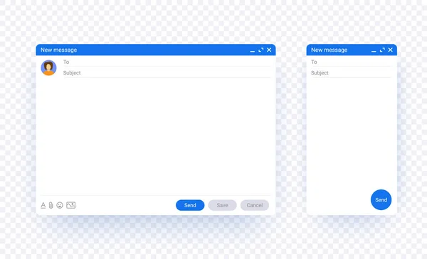 Email window web and mobile template isolated on transparent background with shadow, new message interface mockup set. Computer desktop and phone screen of mail page. Internet webpage window. — Stock Vector