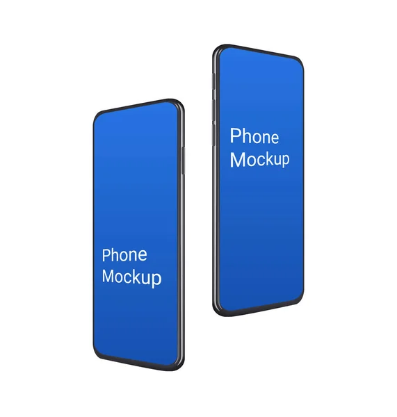 3d Realistische Handy-Attrappe, hochfliegende mobile Geräteszene mit leerem blauen Bildschirm. Frame weniger moderne Smartphones für Show-Ui und UX-Design-App oder Website eingestellt. Vektorillustration. — Stockvektor