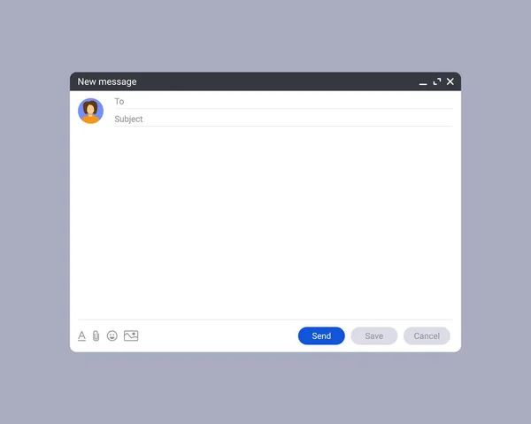 E- posta pencere şablonu, yeni ileti arayüzü modeli. Bilgisayar masaüstü posta ekranı izole edildi. İş ya da kişisel iletişim için soyut pencere. İnternet web sayfası illüstrasyonu.