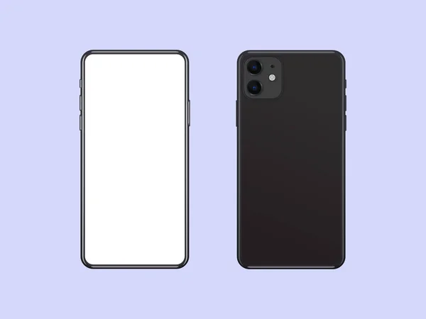 Teléfono mockup parte delantera y trasera, plantilla de dispositivo negro realista con pantalla vacía. — Vector de stock