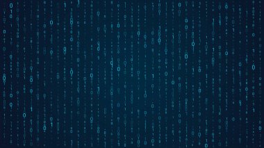 Mavi matris arka planı. Geçmişe dönük fütürist tarzda ikili numaralar düşmek, program kod olayları, hackkathon, siber illüstrasyon için soyut dijital duvar kağıdı.