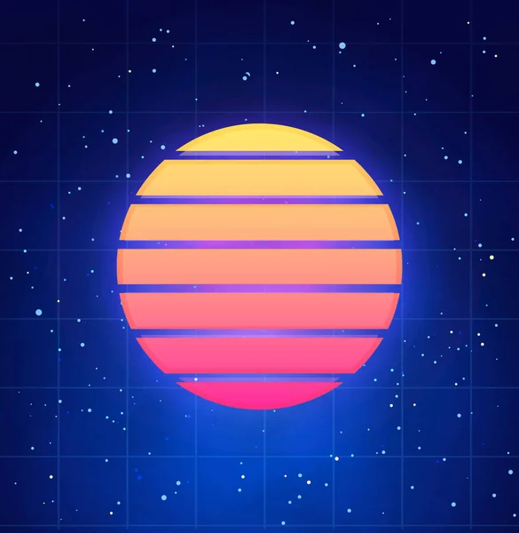 Futuristische zonsondergang illustratie in retro stijl. Verdampingsgolf, synthwave abstracte muziek banner of cover template met ster hemel en blauwe rook achtergrond. — Stockvector