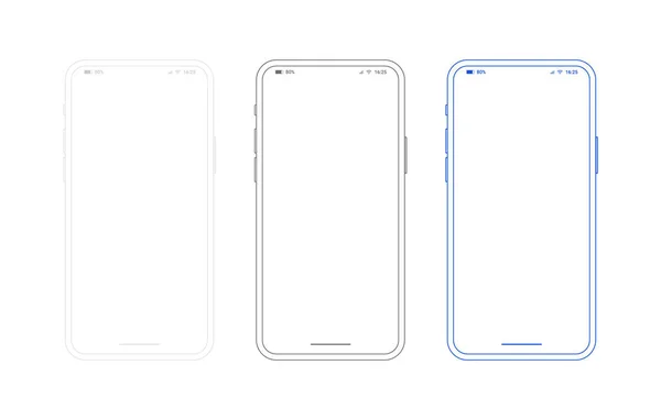 Akıllı telefon taslak modeli, farklı renkler. Ön görünümde genel cep telefonu ve urapp tasarımı veya web sitesi sunumu için boş ekran. Çizgi biçiminde siyah, beyaz ve mavi şablon.