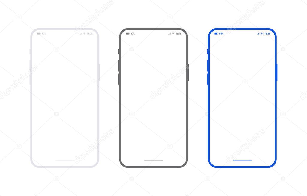 Flat smartphone mockup set white, black and blue colors. Generic mobile phone in front view and empty screen for app design or web site presentation. Outline vector device frame in front side view.