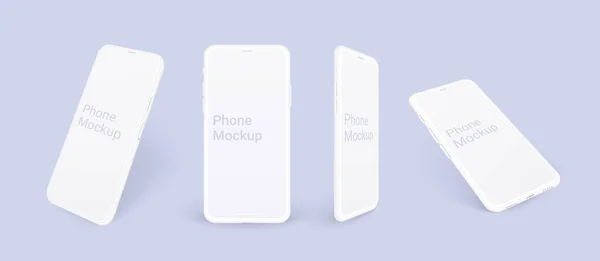 Реалистичный макет телефона, глиняный мобильный набор концепции с тенью изолированы. Белые смартфоны под разными углами обзора с чистым экраном, 3D-векторная иллюстрация маклу для презентации дизайна приложения. — стоковый вектор