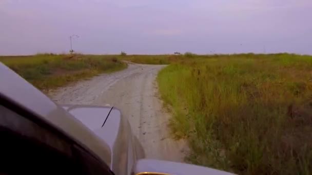 Водіння Позашляховика Через Дикий Пляж Пісок Кущі Заході Сонця — стокове відео