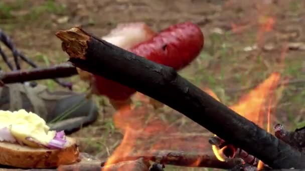 Yürüyüş Yemeği Doğal Ateşte Domuz Pastırması Sosis Kızartıp Yağları Peynir — Stok video