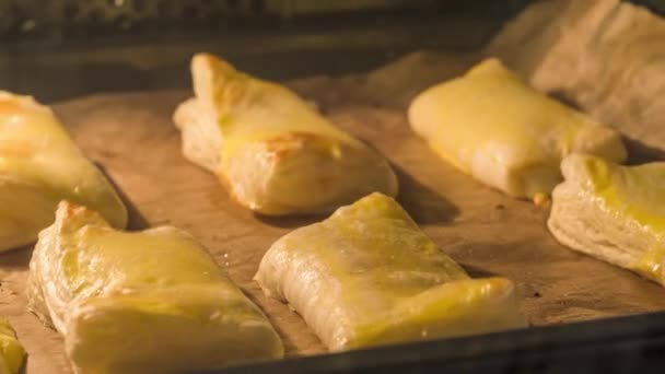 Closeup Fresh Pastry Rolls Cheese Oven Timelapse — Stock Video