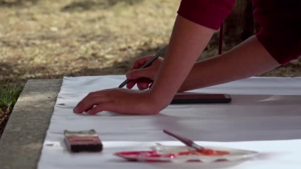 Подросток Ребенок Рисуют Смешную Картинку Баннере — стоковое видео
