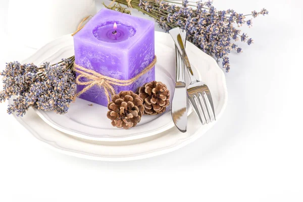 Still Life Lavender Candle Fir Cones Dry Lavender White Plate — Stock Photo, Image