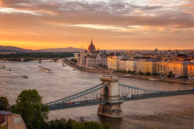 Budapeşte Macaristan Parlamentosu'nun yukarıda şaşırtıcı günbatımı