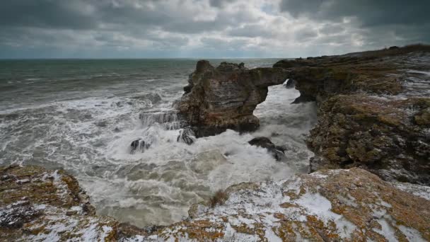 Video Magnificent Morning View Stormy Winter Black Sea Tulenovo Bulgaria — Stock Video