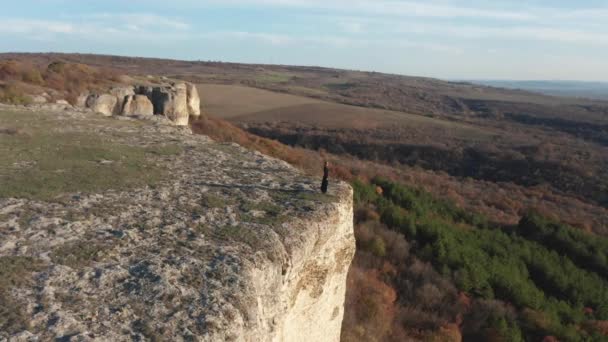 Mucha Lotnicza Wokół Blondynki Czarnej Sukience Stojącej Skraju Oszałamiającej Formacji — Wideo stockowe