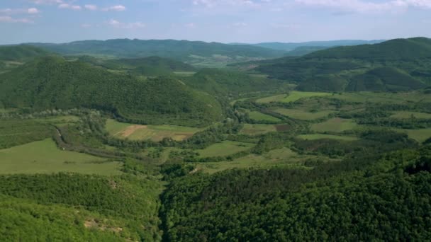 Luftaufnahmen Fliegen Über Grüne Wiesen Wälder Und Hügel Die Frühling — Stockvideo