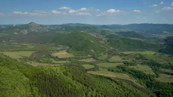 Video Aerei Che Sorvolano Prati Verdi Boschi Colline Ricoperte Vegetazione — Video Stock