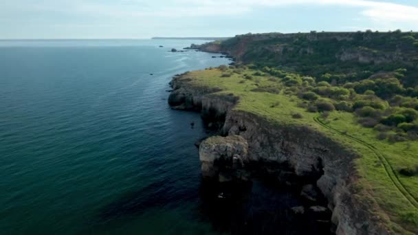 Video Panoramico Della Pittoresca Costa Rocciosa Con Campi Verdi Alberi — Video Stock