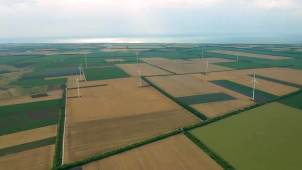 Yaz Tarlaları Boyunca Rüzgar Türbinlerinin Üzerinde Uçan Hava Temiz Yenilenebilir — Stok video